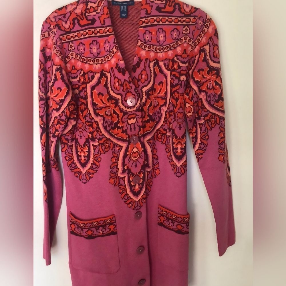 Isaac Misrahi Boho Whimsical Paisley Jacquard Print Cardigan Size XXS New